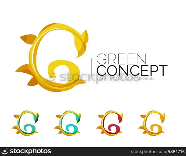 Set of abstract eco plant icons, business logotype nature green concepts, clean modern geometric design. Created with transparent abstract wave lines