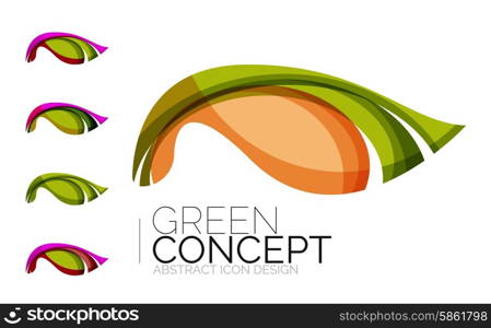 Set of abstract eco plant icons, business logotype nature green concepts, clean modern geometric design. Created with transparent abstract wave lines