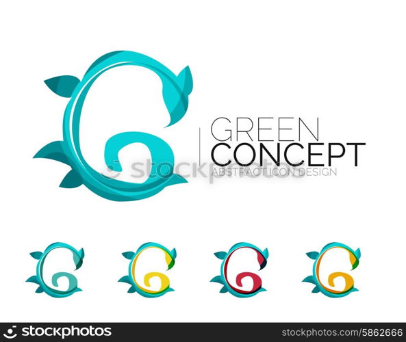 Set of abstract eco plant icons, business logotype nature green concepts, clean modern geometric design. Created with transparent abstract wave lines