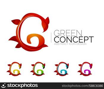 Set of abstract eco plant icons, business logotype nature green concepts, clean modern geometric design. Created with transparent abstract wave lines