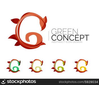 Set of abstract eco plant icons, business logotype nature green concepts, clean modern geometric design. Created with transparent abstract wave lines