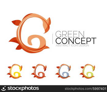 Set of abstract eco plant icons, business logotype nature green concepts, clean modern geometric design. Created with transparent abstract wave lines