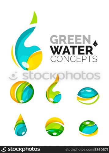 Set of abstract eco water icons, business logotype nature green concepts, clean modern geometric design. Created with transparent abstract wave lines