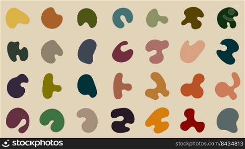 Set of abstract fluid or liquid blob shape elements isolated on brown background flat design minimal style. Vector graphic illustration