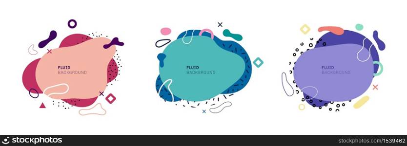 Set of abstract fluid shapes with geometric elements on white background. Vector illustration