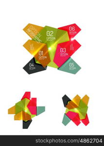 Set of abstract geometric paper graphic layouts. Business presentations, backgrounds, option infographics or banner templates