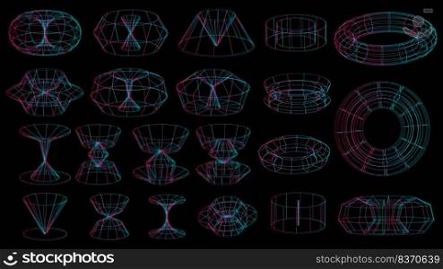 Set of abstract geometric technology elements in cyberpunk style. Retro vintage collection 3d virtual digital design. Texture 80s vr. Futuristic metaverse pattern. Vector isolated template background.. Set of abstract geometric technology elements in cyberpunk style. Retro vintage collection 3d virtual digital design. Texture 80s vr. Futuristic metaverse pattern. Vector isolated template background