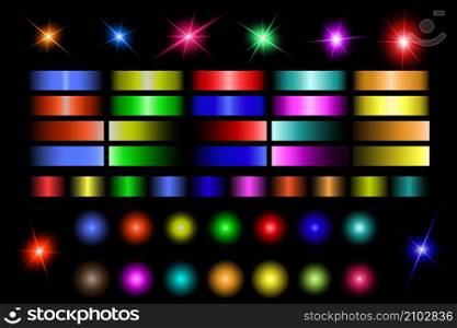 Set of abstract gradient and multicolor light vector on dark background, vector illustration