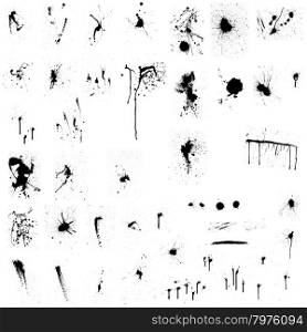 Set of Abstract Grunge Ink Blots Background. Each Big Blot Grouped With a Smaller One. About 50 Group Designs. Ideal for Creating Musical, Floral, Nature and Other Designs. Vector Illustration.