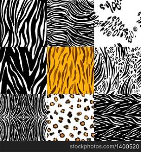 Set of abstract hand drawn animal skin background. Seanless background. Zebra, leopard, tiger skin. Vector illustration.. Set of abstract hand drawn animal skin background. Seanless back