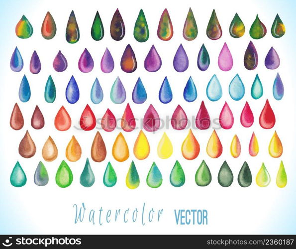 Set of abstract hand drawn watercolor drops isolated on white background. Vector illustration. Colorful rainbow drops