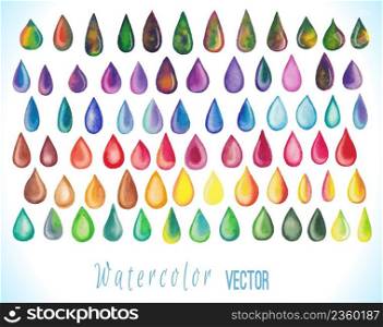 Set of abstract hand drawn watercolor drops isolated on white background. Vector illustration. Colorful rainbow drops