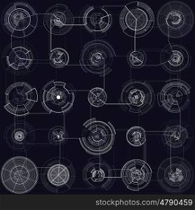 Set of abstract hud elements isolated on black background. High tech motion design, round interfaces, connecting systems. Science and technology concept. Futuristic vector