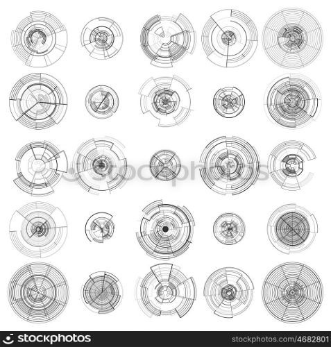 Set of abstract hud elements isolated on white background. High tech motion design, round interfaces, connecting systems. Science and technology concept. Futuristic vector