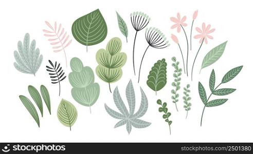 Set of abstract leaves, flowers and grass. Clipart, isolated elements. Vector illustrations.. Vector set of abstract leaves, flowers and grass. Clipart, isolated elements.