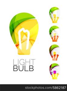 Set of abstract light bulb icons, business logotype idea concepts, clean modern geometric design. Created with transparent abstract wave lines