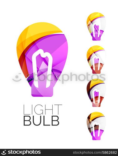 Set of abstract light bulb icons, business logotype idea concepts, clean modern geometric design. Created with transparent abstract wave lines