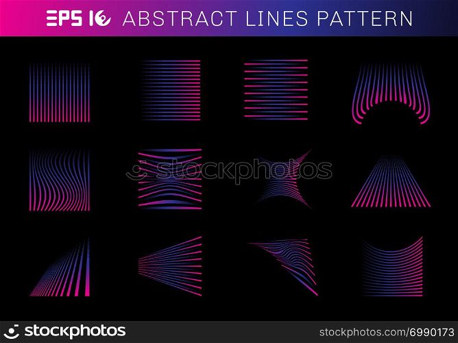 Set of abstract lines pattern elements blue and pink color on black background. Vector illustration