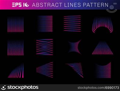 Set of abstract lines pattern elements blue and pink color on black background. Vector illustration