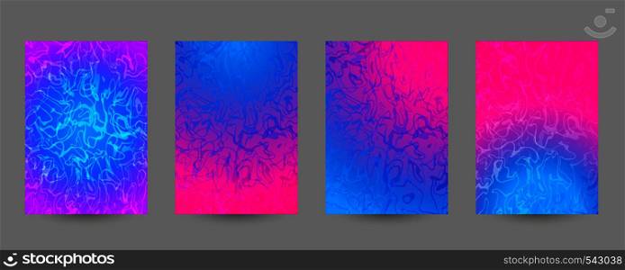 Set of abstract marbled A4 size templates. Pink and blue fluid background for posters, banners, flyers, phone or book covers, web, ads, invitations, cards. Trendy neon vector texture