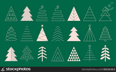 Set of abstract minimalist Christmas trees in flat and line style. Outline geometric Xmas symbols. Vector illustration.