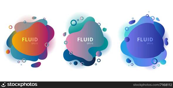 Set of abstract modern fluid shapes color badges graphic elements on white background. Gradient banners with flowing liquid shape. Template for design logo, flyer, presentation, brochure, etc. Vector illustration