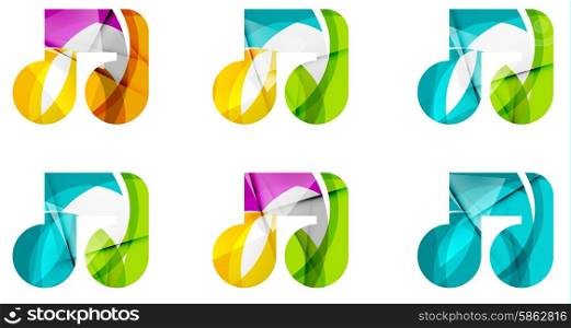 Set of abstract music note icon, business logotype concepts, clean modern geometric design. Created with transparent abstract wave lines