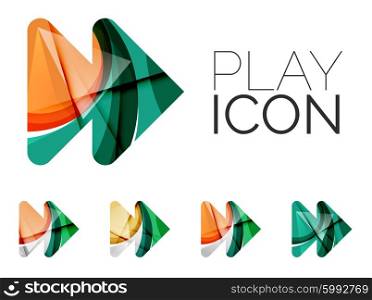 Set of abstract next play arrow icon, business logotype concepts, clean modern geometric design. Created with transparent abstract wave lines