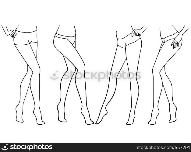 Set of abstract of the female walking barefoot, hand drawing vector outline
