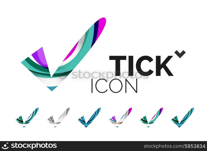 Set of abstract OK and tick icons, business logotype concepts, clean modern geometric design. Created with transparent abstract wave lines