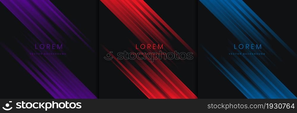 Set of abstract purple, red, blue, stripe diagonal lines light on black background. Vector illustration