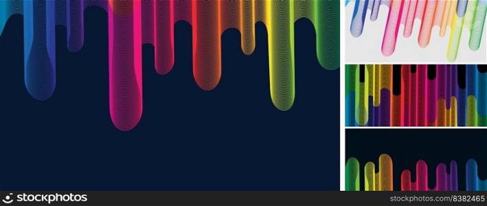 Set of abstract rainbow colorful wave lines fluid drop flow on dark background. Vector illustration