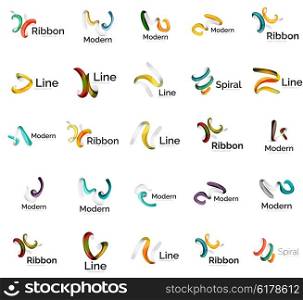Set of abstract ribbon logo icons - multicolored shiny wave, swirl, spiral designs. Curve stripe shape. Universal various branding logotype company emblem ideas and branding business identity