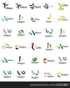 Set of abstract ribbon logo icons - multicolored shiny wave, swirl, spiral designs. Curve stripe shape. Universal various branding logotype company emblem ideas and branding business identity