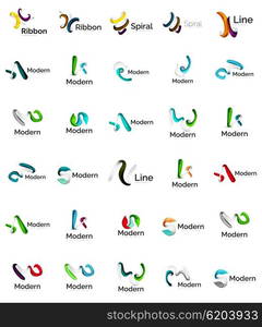 Set of abstract ribbon logo icons - multicolored shiny wave, swirl, spiral designs. Curve stripe shape. Universal various branding logotype company emblem ideas and branding business identity