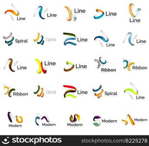 Set of abstract ribbon logo icons - multicolored shiny wave, swirl, spiral designs. Curve stripe shape. Universal various branding logotype company emblem ideas and branding business identity