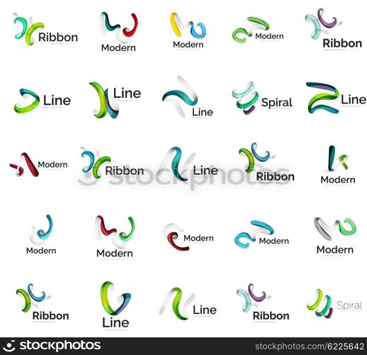 Set of abstract ribbon logo icons - multicolored shiny wave, swirl, spiral designs. Curve stripe shape. Universal various branding logotype company emblem ideas and branding business identity