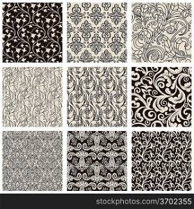 Set of abstract seamless patterns black and white - floral backgrounds