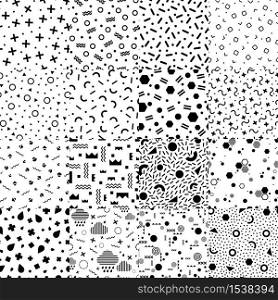 Set of abstract seamless patterns in memphis style. Black and white textured backgrounds with geometric elements in the style of 90s.. Set of abstract seamless patterns in memphis style.