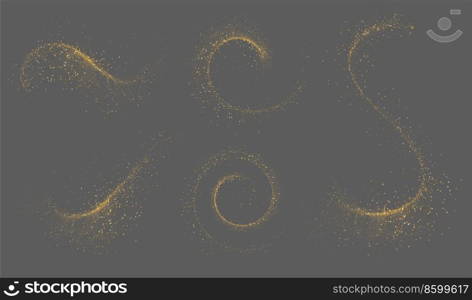 Set of Abstract shiny gold glitter artistic stroke design element. Swirl glitter effect on dark background. Sparkle brush For greeting card, poster, Calendar design. Set of Abstract shiny gold glitter design element