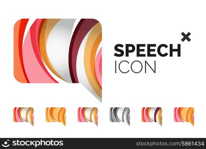 Set of abstract speech bubble and cloud icons, business logotype concepts, clean modern geometric design. Created with transparent abstract wave lines