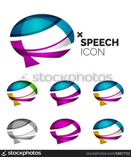 Set of abstract speech bubble and cloud icons, business logotype concepts, clean modern geometric design. Created with transparent abstract wave lines