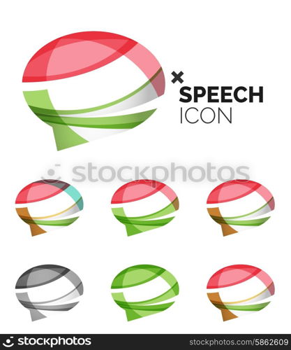 Set of abstract speech bubble and cloud icons, business logotype concepts, clean modern geometric design. Created with transparent abstract wave lines