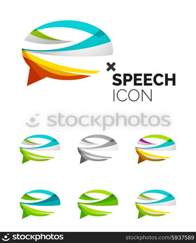 Set of abstract speech bubble and cloud icons, business logotype concepts, clean modern geometric design. Created with transparent abstract wave lines