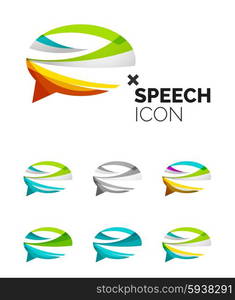 Set of abstract speech bubble and cloud icons, business logotype concepts, clean modern geometric design. Created with transparent abstract wave lines