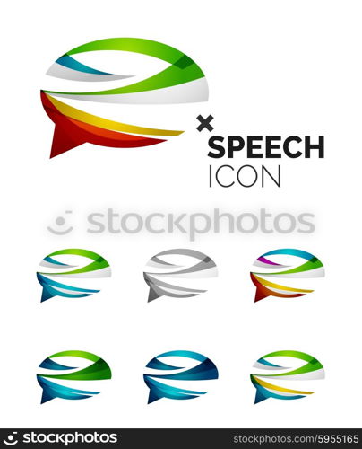 Set of abstract speech bubble and cloud icons, business logotype concepts, clean modern geometric design. Created with transparent abstract wave lines