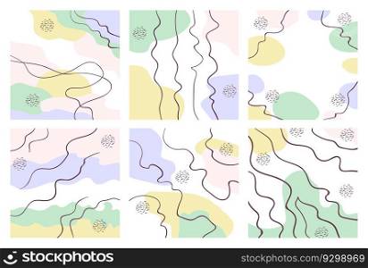 Set of abstract square background in pastel colors with curved lines. Modern geometric Memphis texture. Stock vector illustration in minimalist simple doodle style. Set of abstract square background in pastel colors with curved lines.