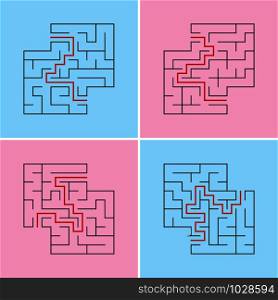 Set of abstract square labyrinths. A game for children. A simple flat vector illustration isolated on a colored background. With a place for your drawings. With the answer.. Set of abstract square labyrinths. A game for children. A simple flat vector illustration isolated on a colored background. With a place for your drawings. With the answer
