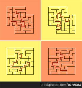 Set of abstract square labyrinths. A game for children. A simple flat vector illustration isolated on a colored background. With a place for your drawings. With the answer.. Set of abstract square labyrinths. A game for children. A simple flat vector illustration isolated on a colored background. With a place for your drawings. With the answer