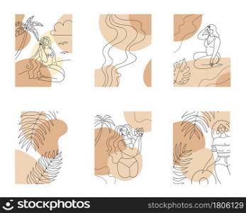 Set of abstract summer posters. Beach background, women and palms on the background of abstract spots. Outline illustration